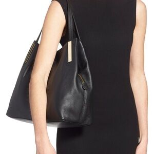 Vince Camuto Ike Black Leather Hobo Bag with Gold Accents